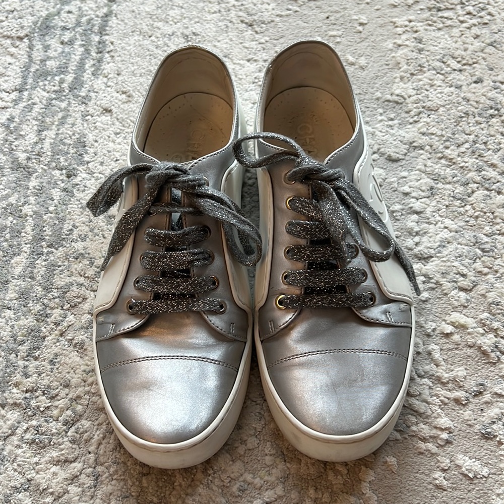 Chanel Iridescent Metallic Grey and White Sneakers size 38 Authentic Gently worn